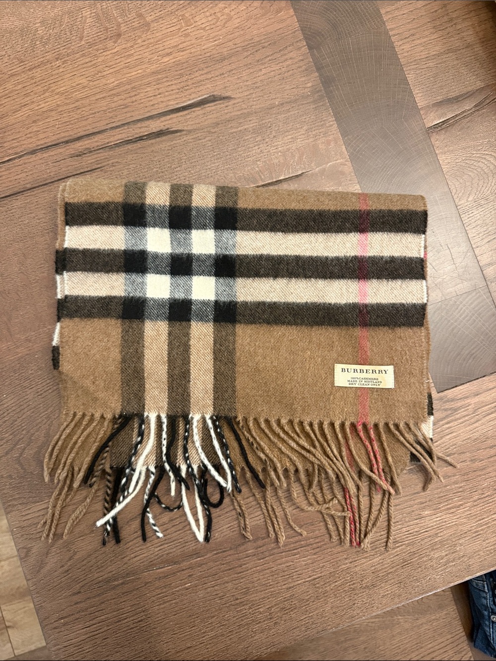 Burberry Tan Classic Check Fringe Cashmere Scarf